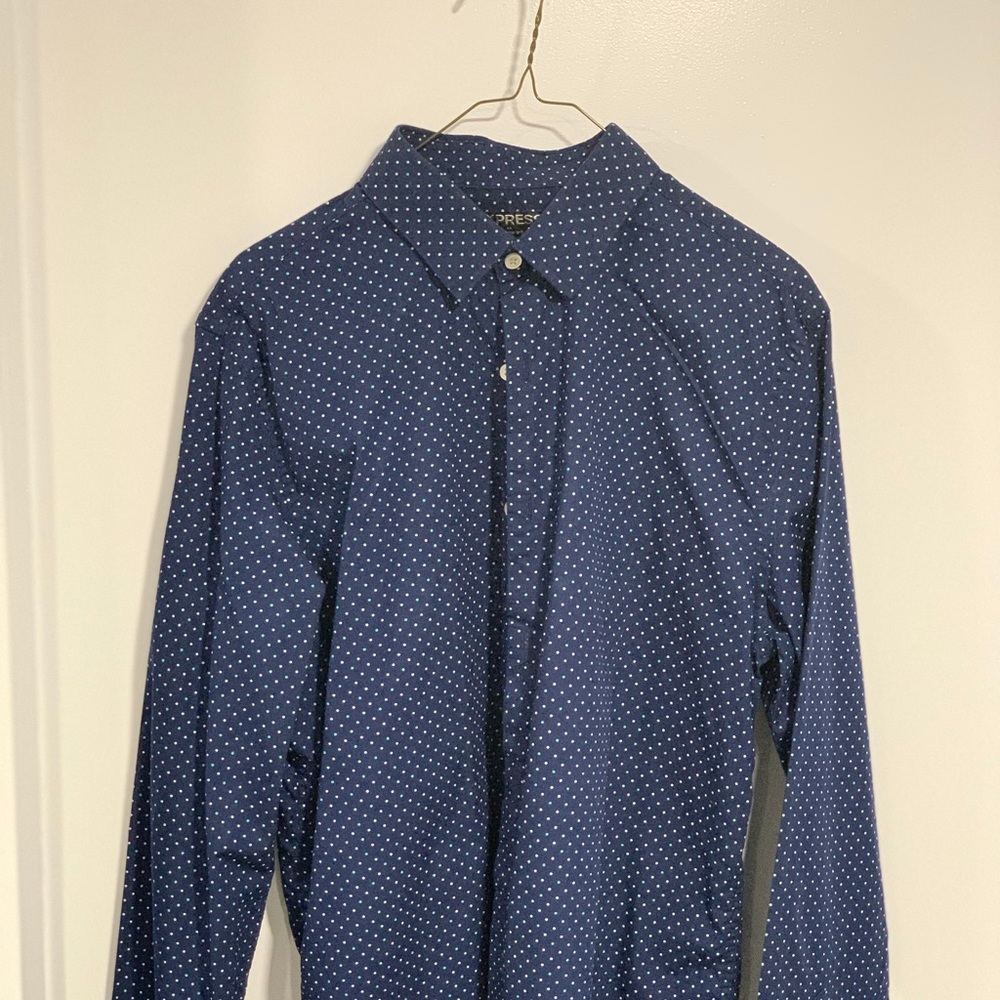 Navy Blue Shirt with White and Green Polka Dots